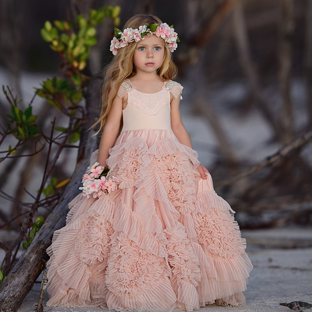 Plum Purple Net Designer Gown With Frill Flower Detailing | Simple dress  for girl, Kids gown, Kids frocks design